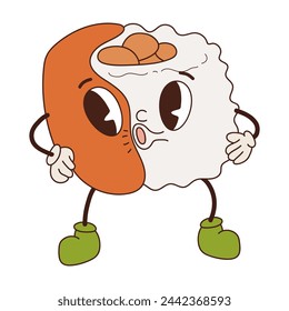 Groovy Japanese food character Sushi. Roll mascot Vintage style. Cartoon design card seafood for bar, restaurant. Retro vector illustration.