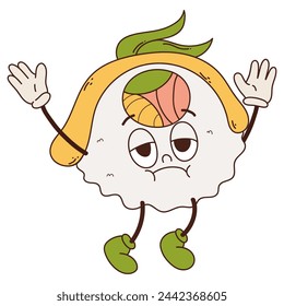 Groovy Japanese food character Sushi. Roll mascot Vintage style. Cartoon design card seafood for bar, restaurant. Retro vector illustration.