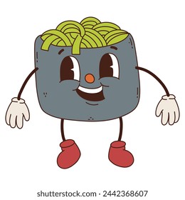 Groovy Japanese food character Sushi. Roll mascot Vintage style. Cartoon design card seafood for bar, restaurant. Retro vector illustration.