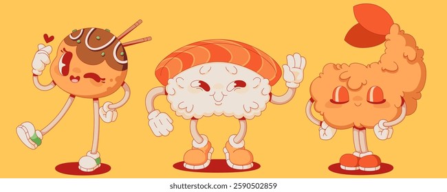 Groovy Japanese food mascots set isolated on background. Contemporary vector cartoon illustration of candy ball, rice and fish sushi, shrimp tempura characters smiling, Asian restaurant menu icons