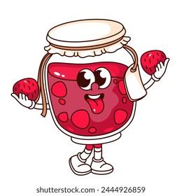 Groovy jar of strawberry jam cartoon character holding berry fruits. Funny retro transparent glass bottle with tongue sticking out, sweets mascot, cartoon sticker of 70s 80s style vector illustration