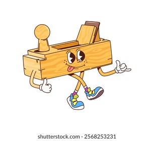 Groovy jointer plane, work tool cartoon character for building, DIY and repair, comic vector. Groovy jointer plane with funny face and funky tongue out smile for carpentry DIY cartoon work tool