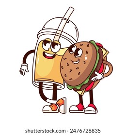 Groovy juice cup and burger cartoon characters friends. Funny retro plastic mug and hamburger hugs, fast food and drink mascot, cartoon lunch with burger sticker of 70s 80s style vector illustration