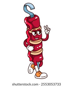 Groovy kebab on skewer cartoon character with hippie peace gesture. Funny retro grilled meat with ketchup walking to BBQ party. Picnic mascot, cartoon kebab sticker of 70s 80s vector illustration