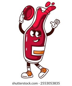 Personaje de dibujos animados de botella de ketchup Groovy caminando con sonrisa. Divertida salsa retro para carne en tarro con tapa y etiqueta. Mascota de fiesta de picnic BBQ, pegatina de ketchup de tomate de dibujos animados de Ilustración vectorial de los años 70 y 80