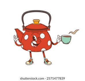 Groovy kettle teapot retro cartoon character with tea cup, vector funny kitchenware utensil. Groovy teakettle with happy face and winking smile for drink kitchenware or kitchen utensil cute character