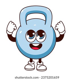 Ilustración vectorial del carácter Groovy kettlebell. Caricatura aislada de deportes retro calcomanías de gimnasia, mascota fuerte en entrenamiento de fitness, campana pesada psicodélica con cara feliz, brazos y piernas