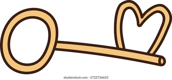 Groovy chave com arco arredondado e em forma de coração bit em negrito contorno. Símbolo de amor, romance, compromisso, relacionamento e acesso ao afeto. Ilustração de vetor de desenhos animados.