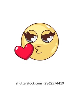 Groovy kiss emoji vector illustration. Cartoon isolated retro character with funny psychedelic face blows heart with love expression, romantic circle yellow sticker and emoji for social media svg