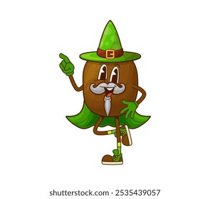 Personagem do feiticeiro de Halloween de kiwi Groovy. Warlock de frutas frescas exóticas bonitinho 60s 70s personagem, assistente de kiwi ou mágico personagem de vetor de desenhos animados feliz ou mascote groovy vestindo chapéu verde e capa