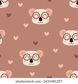 Groovy koala face seamless pattern. Cute retro animal face pattern. Adorable hand drawn vector design in flat cartoon style for kids prints