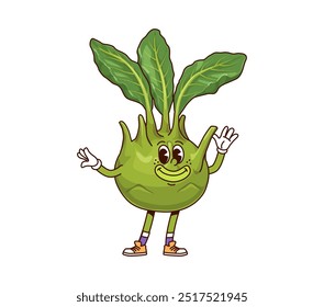 Groovy carácter vegetal de col de colrabo. Vector vegetariano maduro, retro divertido y peculiar personaje de alimentos vitamínicos saludables con una cara alegre, hojas verdes, guantes y zapatillas de deporte, llamando a una pose juguetona