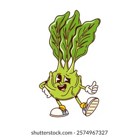 Groovy kohlrabi cabbage vegetable character. Agriculture ripe cabbage groovy isolated vector personage. Farming market fresh veggie funny mascot. Vegetarian food organic kohlrabi vegetable character