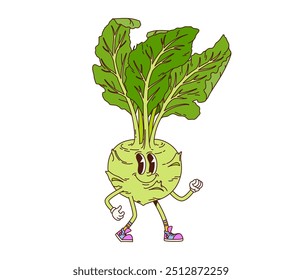 Carácter retro vegetal de la col de colrabo Groovy. alimento saludable divertido y peculiar de la vitamina. Vector de un personaje vegetariano maduro con una cara alegre, hojas verdes, guantes y zapatillas de deporte, llamando a una pose juguetona