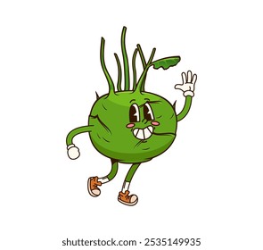 Carácter vegetal de kohlrabi Groovy con una expresión alegre y ojos grandes y amistosos. Veggie de col madura de Vector de dibujos animados con tapas de hojas verdes. Divertido y peculiar alimento vitamínico saludable personaje retro