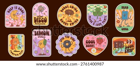 Groovy label stickers and funky retro patches of 70s disco vibe with cheese and suitcase, donut book and clover, vinyl record, pumpkin and lemon, disco ball and strawberry cartoon vector characters