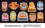 Groovy label stickers. Vector retro patches featuring funny cartoon snacks, drinks, pizza, ice cream, tv, and rainbow with daisy flower nostalgic y2k characters evoke fun and hippie culture vibes