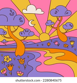 Groovy landscape background with abstract trees, flowers and river, retro waves clip art. Postcard designs with colorful abstract nature. Vector contour hand drawn illustration in 70s hippie style.