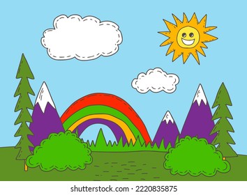 Groovy landscape with mountains and rainbow. Funny psychedelic retro nature print with hand drawn sun cloud, trees. Childish art, greeting card in trendy  70s style