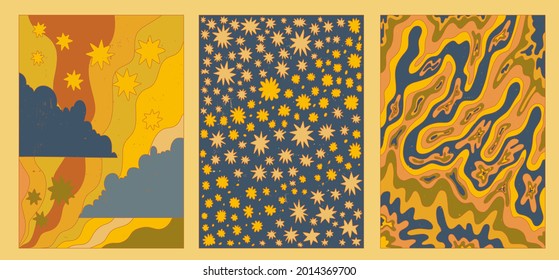 Groovy Landscape.set Of Vector Textured Groovy Posters.Funky 1970 Psychedelic Pattern.acid Stains.Abstract Boho Postcard.Vintage Card With Waves, Stars, Clouds.Collection Hippie Aesthetics