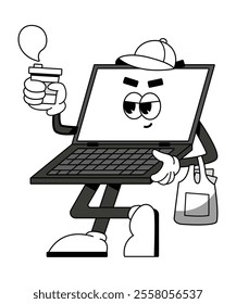 Groovy laptop cartoon character holding a cup of coffee. Funny retro chilled laptop with hat and holding bag, chill mascot, cartoon sticker of 70s 80s style vector illustration