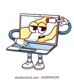 Personaje de dibujos animados de la computadora portátil Groovy apuntando a la batería baja con el dedo. Funny portátil retro cansado con ondas psicodélicas en la pantalla, mascota del cansancio, etiqueta engomada de dibujos animados de los años 70 80 estilo ilustración vectorial