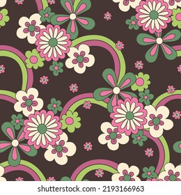 Groovy Large Scale Hand-Drawn Floral Vector Seamless Pattern. Retro 70s Style Nostalgic Daisies and Rainbows. Fashion Textile Bold Background. Summer Resort Print. Flower Power