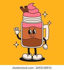 Groovy latte with cinnamon character. Flat vector illustration.