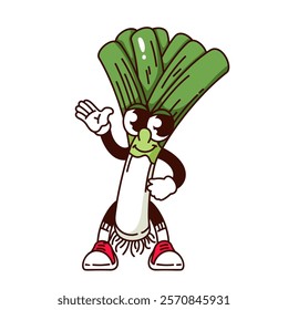 Groovy leek cartoon character with green leaves waving. Funny retro vegetable of summer garden with big eyes and legs. Food mascot, cartoon happy leek sticker of 70s 80s style vector illustration