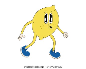 groovy lemon cartoon character. Vector retro fruit illustration isolated on white background.