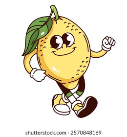 Groovy lemon cartoon character walking with happy face. Funny retro yellow sour citrus fruit with leaf and peel. Lemonade, summer mascot, cartoon lemon sticker of 70s 80s style vector illustration