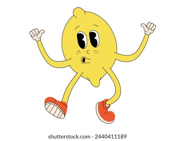 Groovy lemon character isolated. Vector retro fruit illustration.