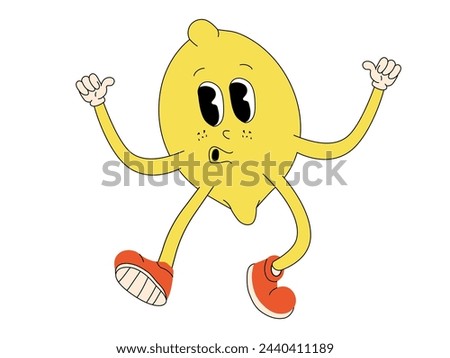 Groovy lemon character isolated. Vector retro fruit illustration.