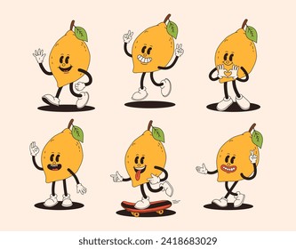 Groovy lemon mascot in different poses. Funky retro character. Set of cartoon lemons, smiling, walking, on skateboard, showing heart with hands.