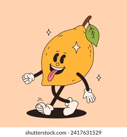 Groovy lemon mascot. Funky retro character. cartoon lemon, smiling, walking. Funny vintage trendy style character. Doodle Comic collection