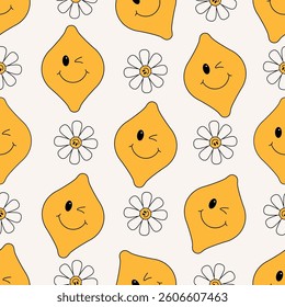 Groovy lemon pattern. Seamless print of funky lemon citrus and daisy flower, retro Y2K cartoon fruit floral background for wrapping paper fabric design. Vector lemons texture.