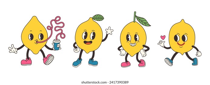 Groovy lemon set. Hand draw Funny Retro vintage trendy style apple cartoon character. Doodle Comic collection