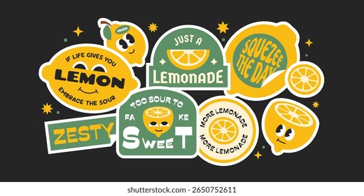 Coleção de adesivos de limão Groovy. Rótulos de frutas sazonais da moda, emblemas, patches, logotipos com citações.