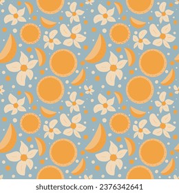 Groovy lemons and flowers seamless hand drawn pattern