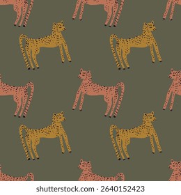 Groovy leopard or cheetah wild cat boho seamless pattern in abstract cartoon childish scandinavian style african oriental style, cute animal hand drawn flat vector clip-art adorable funny exotic