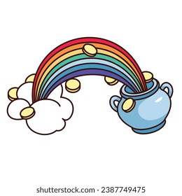 Groovy leprechaun pot of gold coins and rainbow vector illustration. Cartoon isolated retro funny cute sticker for St Patricks Day, cauldron pot with magic golden treasure of fairytale character