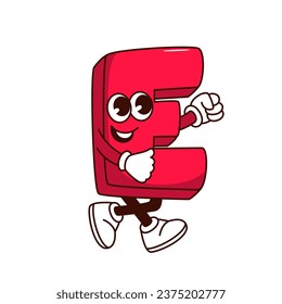 Groovy letter E character vector illustration. Cartoon isolated cute retro sticker with English alphabet letter with arms and legs walking, funny emoji with trippy smile on face and part of Love word