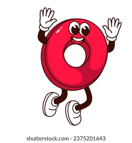 Groovy letter O character vector illustration. Cartoon isolated alphabet emoji jumping with smile, psychedelic sticker with red letter of funny trippy font, arms and legs, comic part of word Love
