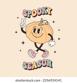 Groovy lettering card for halloween. Spooky season calligraphy and cute funny pumpkin character. Retro design for posters, cards, t shirts