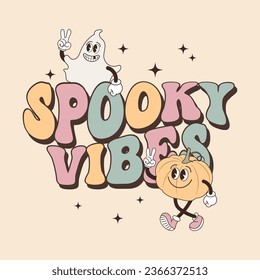 Tarjeta de papel groovy para halloween. Caligrafía de vibraciones espeluznantes y personajes lindos fantasmas y de calabaza. Diseño retro para afiches, tarjetas, camisetas