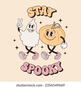 Groovy lettering card for halloween. Stay Spooky calligraphy and ghost and pumpkin characters. Retro design for posters, cards, t shirts