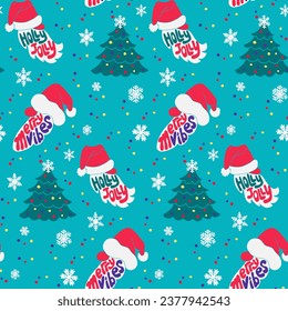 Groovy lettering Christmas seamless pattern with Christmas tree, Santa Claus beard and hat. Hand drawn lettering Merry Vibes and Holly Jolly in flat minimalistic style for textile, wrapping paper