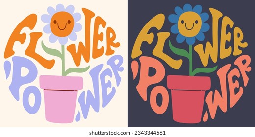 Groovy lettering Flower power. Retro slogan in round shape. Trendy groovy print design for poster, card, tshirt.