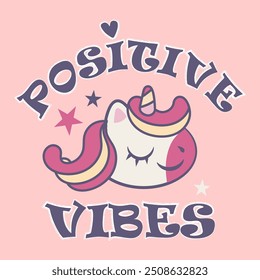 Groovy lettering positive vibes with unicorn illustration in flat on pink background. Retro slogan in round shape. Trendy groovy print design for posters, cards, tshirt.