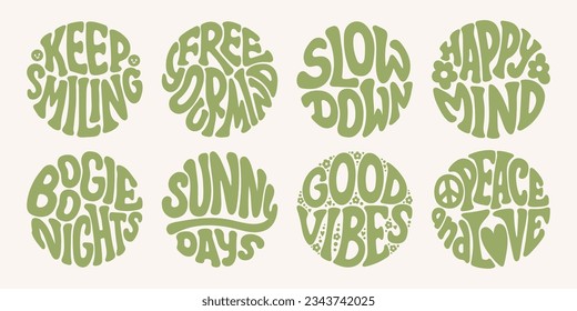 Groovy lettering set. Retro slogan collection in round shape. Trendy groovy print design for poster, card, tshirt.